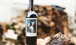 En flaska "The Prisoner" Cabernet Sauvignon står på en träbit. Etiketten visar en hund i kedjor, vilket ger en hint om hur detta vin kan kallas.