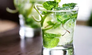 Un verre de virgin mojito rafraîchissant, rempli de glaçons, menthe fraîche et rondelles de citron vert.