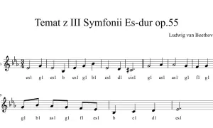 Fragment partytury z "Tematem z III Symfonii Es-dur op.55" Beethovena, z widocznymi znakami chromatycznymi, nutami i ich nazwami.