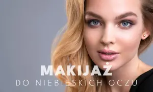 Niebieskie oczy modelki podkreślone subtelnym makijażem wieczorowym. Delikatne cienie i róż na ustach.