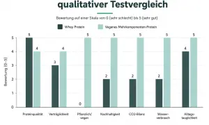 Vergleich von Whey und veganem Protein. Die Herstellung von Proteinpulver wird anhand von Kriterien wie Proteinqualität und Nachhaltigkeit bewertet.