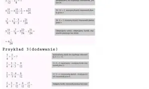 Przykład odejmowania i dodawania ułamków o różnych mianownikach z wyjaśnieniami.