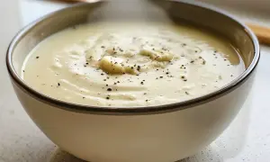 Krämig blomkålssoppa, perfekt för ett mysigt blomkålssoppa recept. Toppad med peppar och små blomkålsbitar.