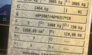 Masa całkowita w dowodzie rejestracyjnym: F.1 2065 kg, F.2 2065 kg, F.3 3665 kg. G 1454 kg.
