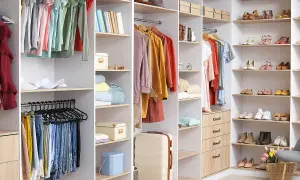 Un armario organizado con varias partes: ropa colgada, estantes con zapatos, bolsos y accesorios.