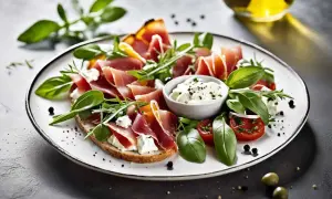 Bruschetta garnie de speck italien, fromage frais, tomates cerises et basilic. Un délice méditerranéen.