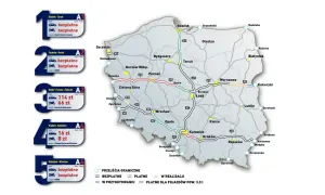 Mapa Polski z zaznaczonymi płatnymi autostradami. Niektóre odcinki są bezpłatne, inne płatne, a część w budowie.