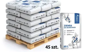 Paleta z 45 workami ziemi do borówek Sobex po 50 L każdy. Idealna do uprawy tych owoców.