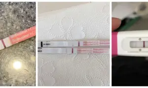 Tre olika graviditetstest visar positiva resultat med två streck, vilket indikerar tidiga tecken på graviditet.