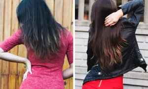 Przed i po kuracji: włosy ciemne, matowe, zniszczone, bez połysku. Po kuracji: włosy lśniące, zdrowe, z pięknym kolorem. Brak informacji o hairvity efekty uboczne.
