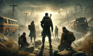 Grupa ocalałych w postapokaliptycznym świecie, zniszczone autobusy i ruiny w tle. To może być kadr z gry Metro Exodus, poradnik do której jest bardzo przydatny.