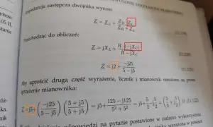 Obliczenia impedancji zespolonej dwójnika, pokazujące przekształcenia wzorów i uproszczenia.