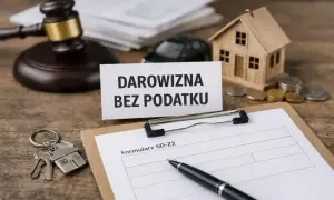 Formularz SD-Z2, klucze do domu i młotek sędziowski symbolizują zgłoszenie darowizny od rodziców bez podatku.