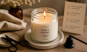 Płonąca świeca sojowa w szklanym słoiku, obok instrukcji palenia i akcesoriów.