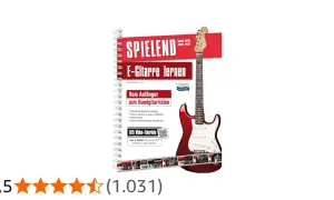 Buchcover: "Spielend E-Gitarre lernen" mit roter E-Gitarre. Ideal für Anfänger, die ohne Noten spielen wollen.