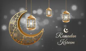 Złoty księżyc i latarnie wiszą w powietrzu, tworząc magiczną atmosferę na czas ramadanu.