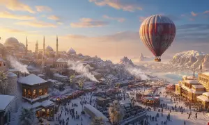 Zimowa sceneria w Turcji w styczniu: zasypane śniegiem miasto z kopułami i minaretami, tętniący życiem bazar pod gołym niebem i balon unoszący się nad krajobrazem.
