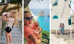 Grecja z dziećmi: mama z niemowlakiem na moście, z dzieckiem na tle turkusowego morza i z córką przy wiatraku.