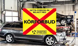 Bilbesiktning: skylt med texten "Körförbud" över en bil. Sista besiktningsdag kan vara en mardröm.