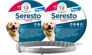 Zwei Seresto Halsbänder für Hunde (>8kg) mit 7-8 Monaten Schutz vor Zecken, Flöhen und Haarlingen. Informationen zu Wirkstoffen und indirektem Schutz vor Krankheiten. Keine Erwähnung von Seresto Halsband Nebenwirkungen.