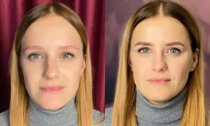 Przed i po zabiegu: różowe brwi zamienione na idealnie podkreślone. To efekt, jaki daje henna pudrowa.