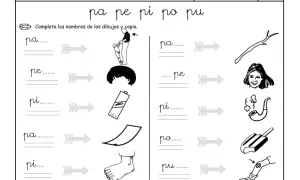 Hoja de trabajo para practicar las **fichas letra p**. Ejercicios para completar palabras con sílabas como pa, pe, pi, po, pu, asociándolas a dibujos.