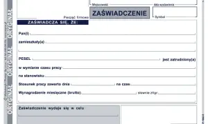 Formularz potwierdzenie zatrudnienia. Zawiera dane pracownika, stanowisko, wynagrodzenie i cel wydania zaświadczenia.