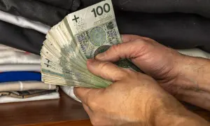 Dłonie trzymające plik banknotów 100 zł. Może to być oszczędność na przyszłość, emerytura wdowia lub po prostu wypłata.