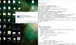 Jak sprawdzić klucz Windows 10? Na pulpicie widać okno "BackUp Windows Key Information" z nazwą produktu i identyfikatorem.