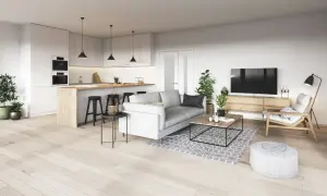 Nowoczesny salon z aneksem kuchennym. Jasne meble, drewniane akcenty i rośliny tworzą przytulną atmosferę. Idealne miejsce, by dowiedzieć się, jak ozdobić pokój.