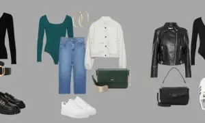 Inspiracje na stylizacje: jak się ubrać na babski wieczór. Jeansy, body, ramoneska, marynarka, torebki i buty.