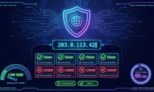 Analiza IP: 203.0.113.42. Wykryto wpisy na czarnej liście IP w bazach danych. Niskie ryzyko, 0 detekcji.