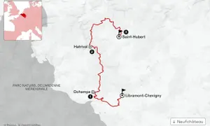 Carte d'un itinéraire de trek en Belgique, traversant le Parc Naturel de l'Ardenne Méridionale, avec des points de passage à Ochamps, Hatrival et Saint-Hubert.
