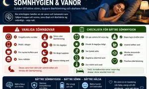 En kvinna sover gott. Bilden ger tips för att varva ner och förbättra sömnen, med en checklista för god sömnhygien.