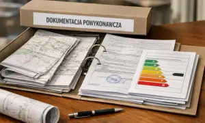 Teczka z dokumentacją powykonawczą, mapami i certyfikatem energetycznym.