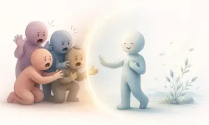 Figurelle preoccupate cercano di raggiungere una figura serena protetta da un alone luminoso. Vivere con una persona ansiosa può essere così.