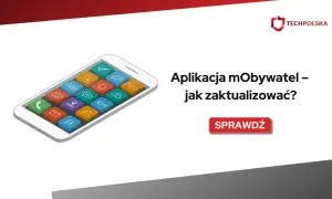 Smartfon z ikonami aplikacji, tekst "Aplikacja mObywatel – jak zaktualizować?". Sprawdź, jak łatwo przeprowadzić aktualizację mobywatel.