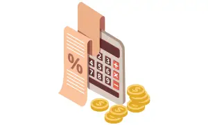 Calculatrice, reçu avec symbole pourcentage, et pièces d'or. Illustration du calcul de l'intérêt moratoire, définition.