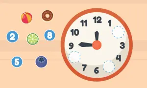 Spielerisch lernen Kinder die Uhr: Bälle, Donuts und Früchte helfen, die Zeit zu verstehen.