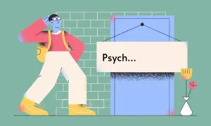 Osoba z plecakiem szuka wsparcia psychologicznego, podchodząc do drzwi z napisem "Psych...".