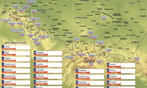Mapa przedstawia korona gór polskich z zaznaczonymi szczytami i ich wysokościami.