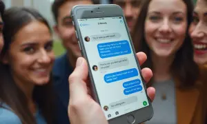 Dłoń trzyma smartfon z widocznym oknem czatu Messenger, na tle uśmiechniętych ludzi.