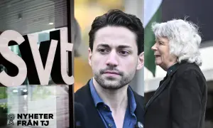 SVT-loggan, en ung man och en äldre kvinna. Ett fyrfaldigt leve för nyheter från TJ.