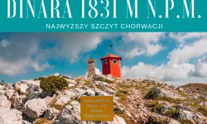 Szczyt Dinara, najwyższy szczyt w Chorwacji, z charakterystyczną czerwoną budką i znakiem informującym o wysokości 1831 m.
