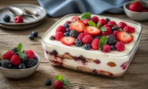 Ein köstliches Tiramisu ohne Ei, geschichtet mit Beeren und Sahne, garniert mit frischen Früchten und Minze.