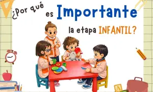 Cuatro niños en el colegio aprenden y juegan juntos en una mesa roja. La imagen resalta la importancia de la etapa infantil.
