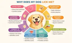Diagram explaining why dogs lick: affection, attention-seeking, learned behavior, stress, exploration, taste, and hunger/thirst.