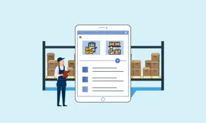 Trabajador con portapapeles frente a estanterías con cajas. Tablet muestra iconos de gestión del inventario y lista de tareas.