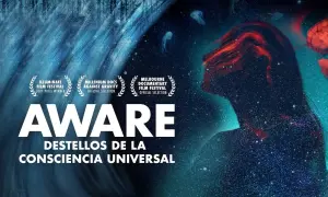 Cartel de "AWARE: Destellos de la Conciencia Universal", un documental que explora las profundidades de las peliculas espirituales.