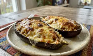Dwa połówki pieczonego bakłażana z pysznym, ciągnącym się serem i aromatycznym nadzieniem.